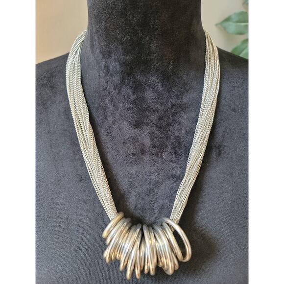 Women's Chunky Silver Statement Necklace With Rings And Lobster Clasp Lock - Picture 2 of 8